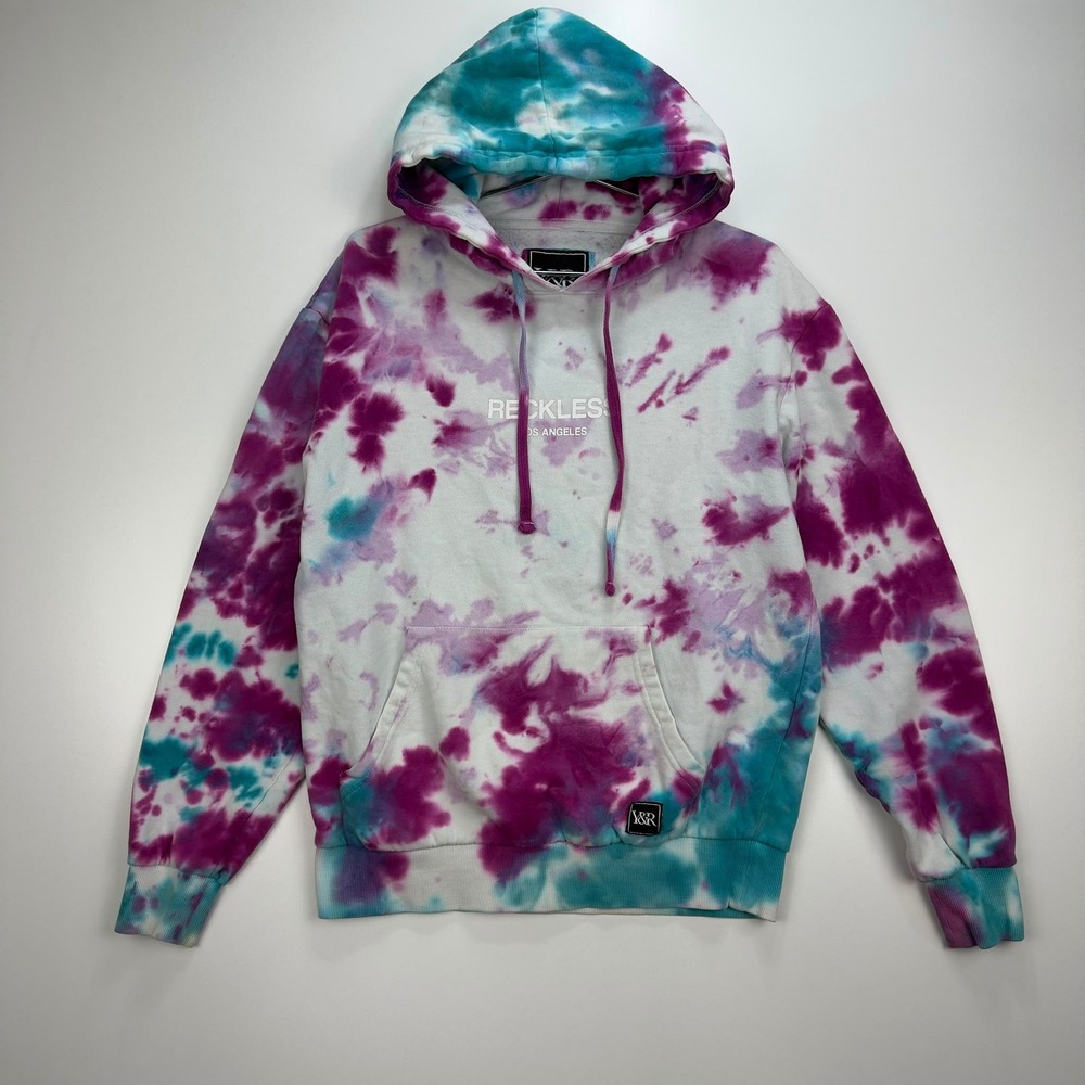 Young & Reckless Tie Dye Graphic Hoodie Purple Blue Y2K Streetwear Men's Small